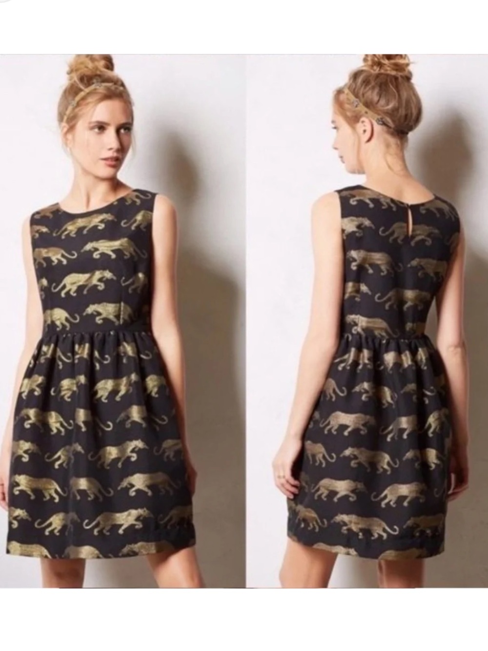 Anthropologie Eye Doll Black Dress with Gold Panther Motif, size 6